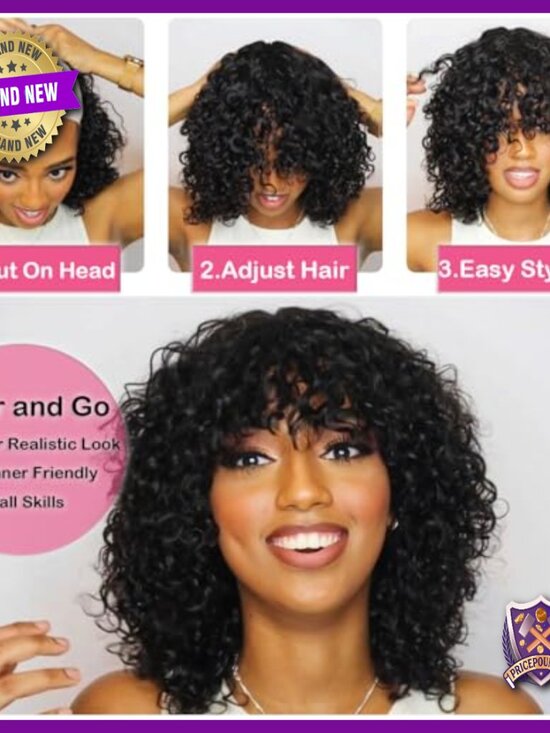 Short Jerry Curl Bob Wig 12 Inch Glueless Human Hair with Bangs Wear and Go main image 6